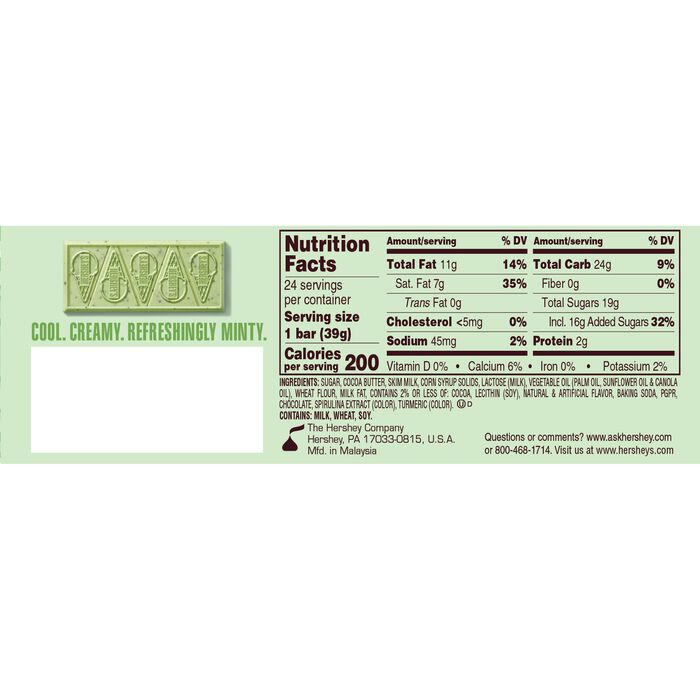 HERSHEY'S Cookies 'N' Mint Ice Cream Flavored Standard Size Candy Bar, 1.38oz (24 Count)